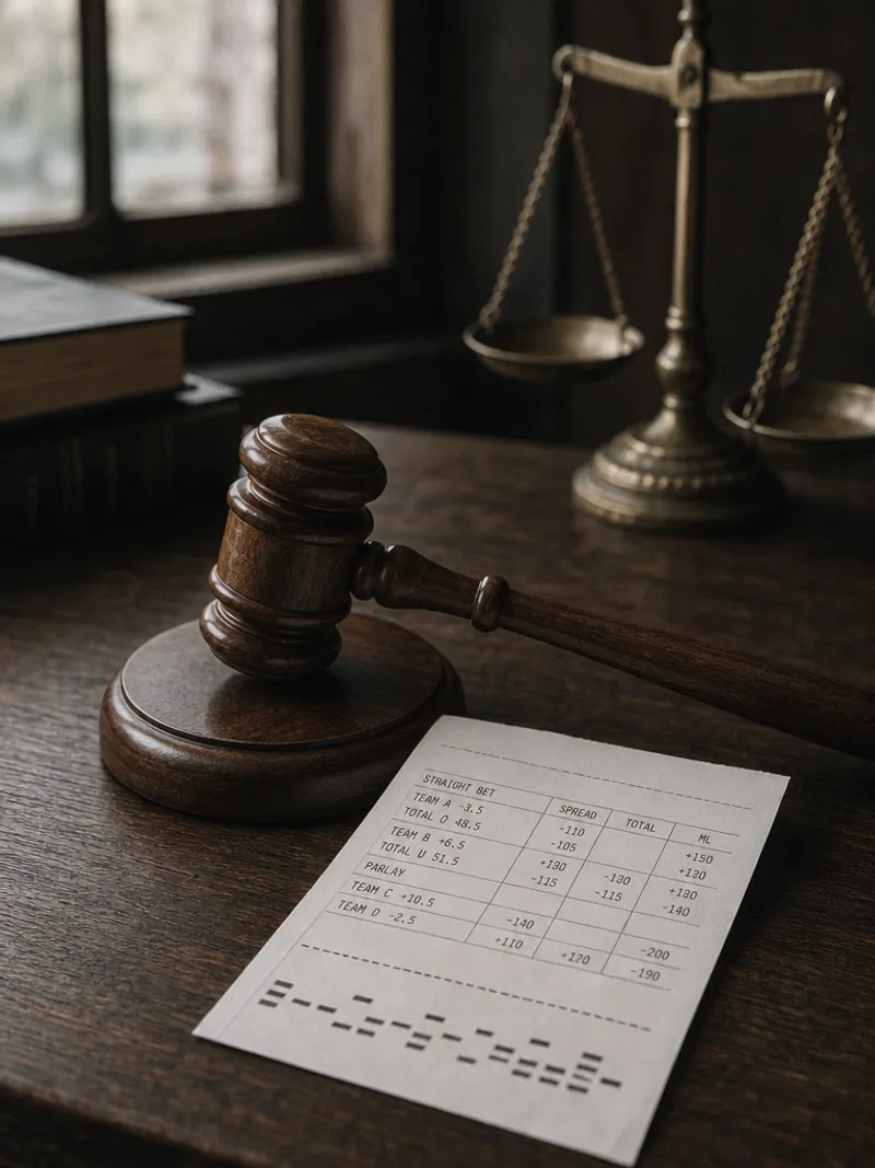 A gavel, scales of justice, and a sports betting slip, representing the legal regulation of sports wagering in Tennessee