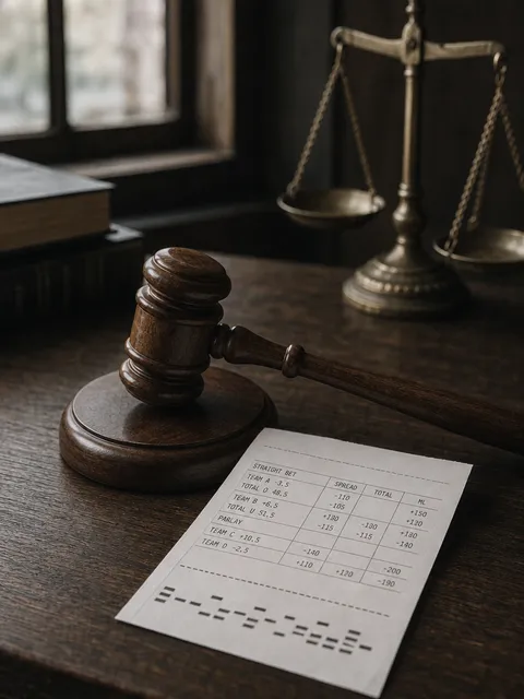 A gavel, scales of justice, and a sports betting slip, representing the legal regulation of sports wagering in Tennessee