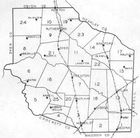 Map of Gibson County, Tennessee showing its towns and communities