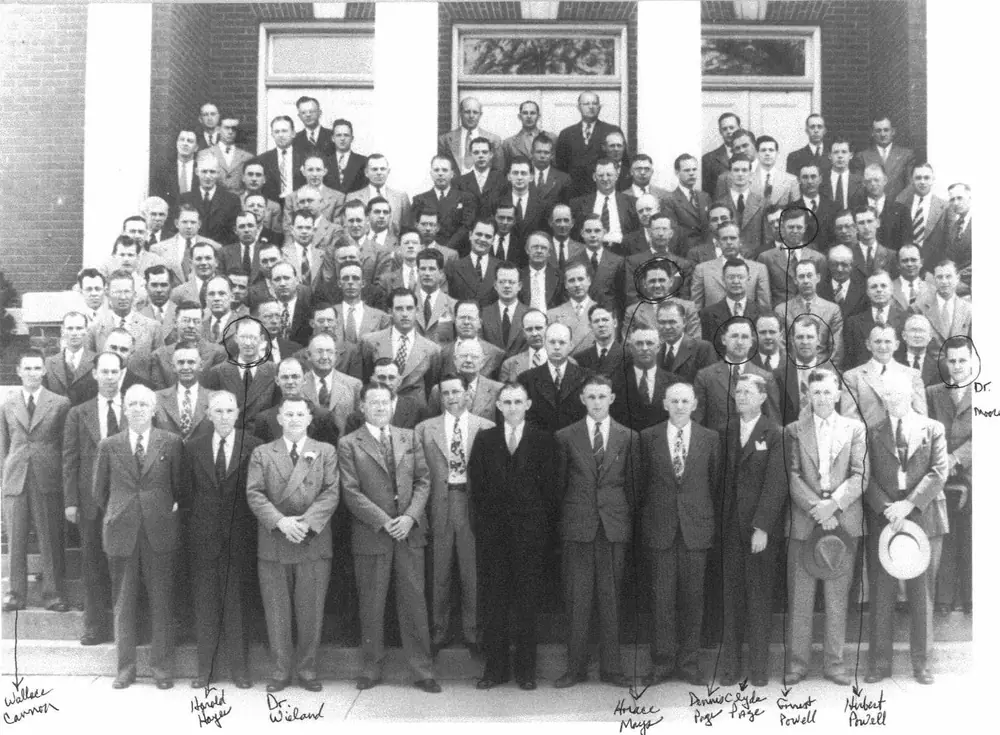 Large group photograph of the 1940s men’s Sunday school class on the steps of First Baptist Church, Trenton, Gibson County, Tennessee