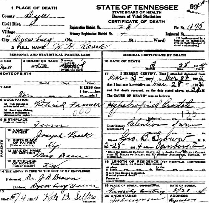 roark wh — Dyer Co. TN Death Certificate for William Henry Roark